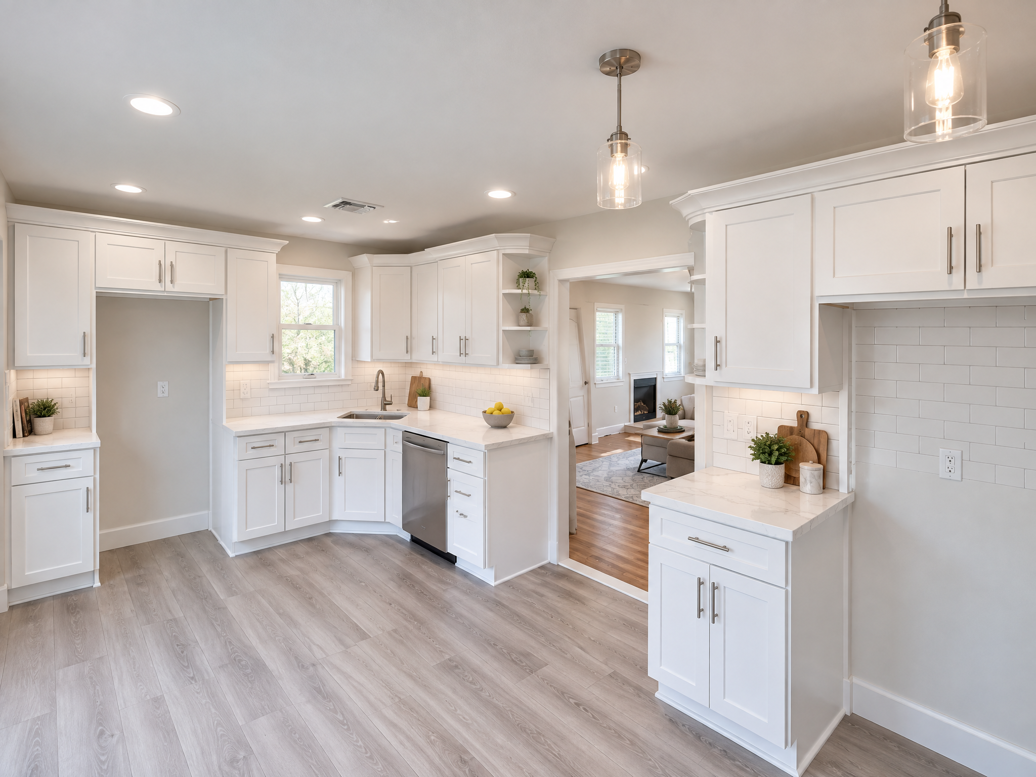 Kitchen after remodeling - modern white cabinets and quartz countertops